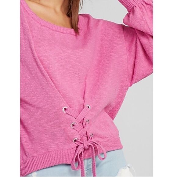 EXPRESS Pink Lace Up Sweater Oversized Pullover Tie Waist Casual Size Large New - Picture 2 of 12